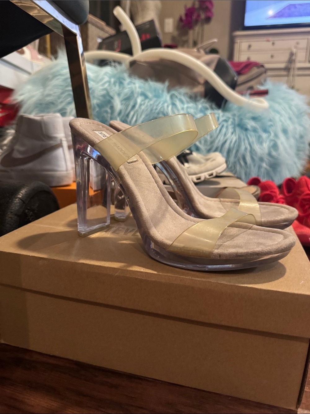 Steve Madden Clear Tan Block Heel Sandal High Heels Micah Women’s 8.5